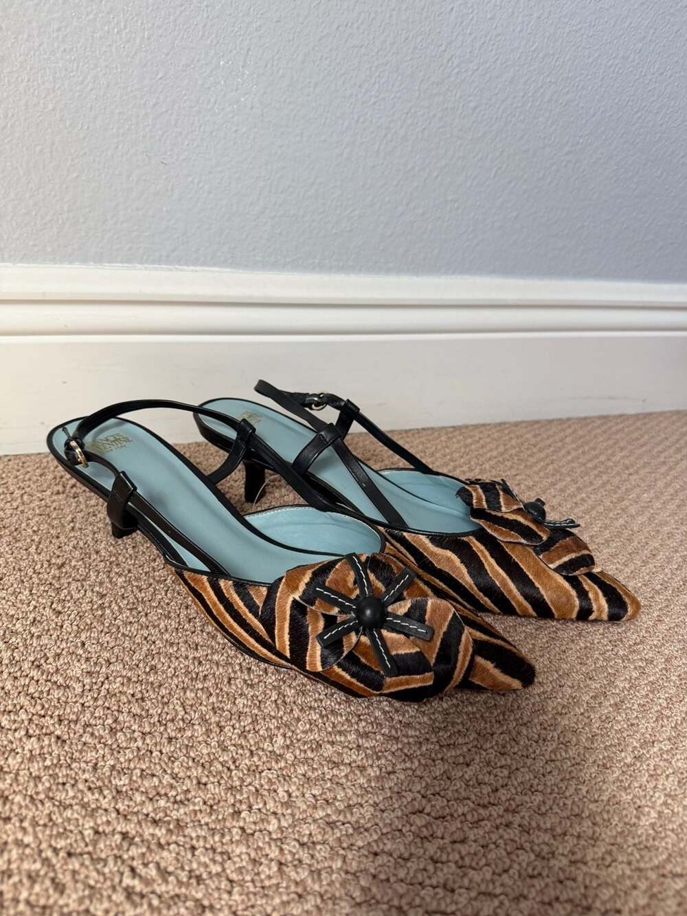 Frances Valentine Flower Kitten Heel Zebra Haircalf Size 10B